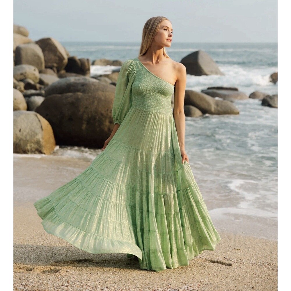 Sundress Brand Joanna Metallic Green One Shoulder Long Maxi Dress Size XS/S Tall